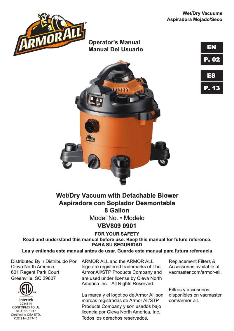 Page 1 de la notice Manuel utilisateur Vacmaster VBV809PF 0901