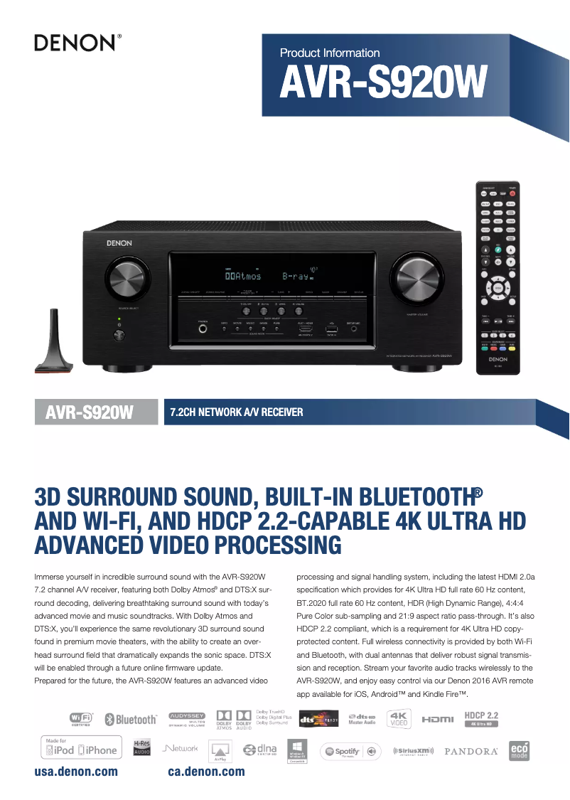 Página 1 del manual Ficha técnica Denon AVR-S920W