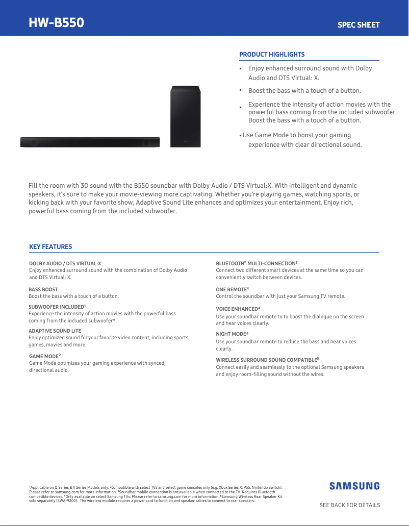 Page 1 de la notice Fiche technique Samsung HW-B550