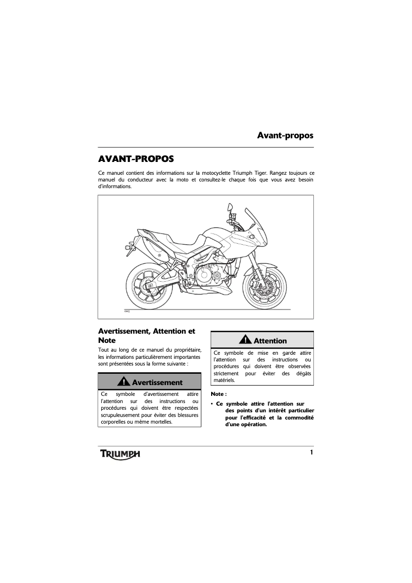 Page 1 de la notice Manuel utilisateur Triumph Tiger 1050 (2013)