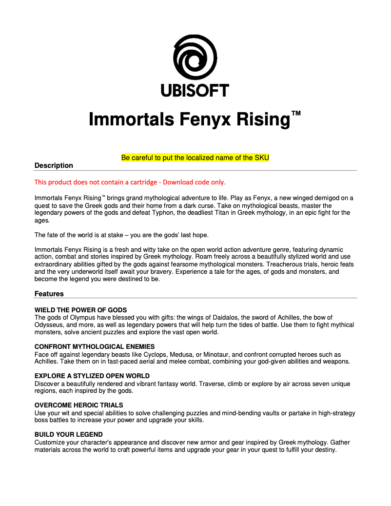 Page 1 de la notice Manuel utilisateur Ubisoft Immortals Fenyx Rising