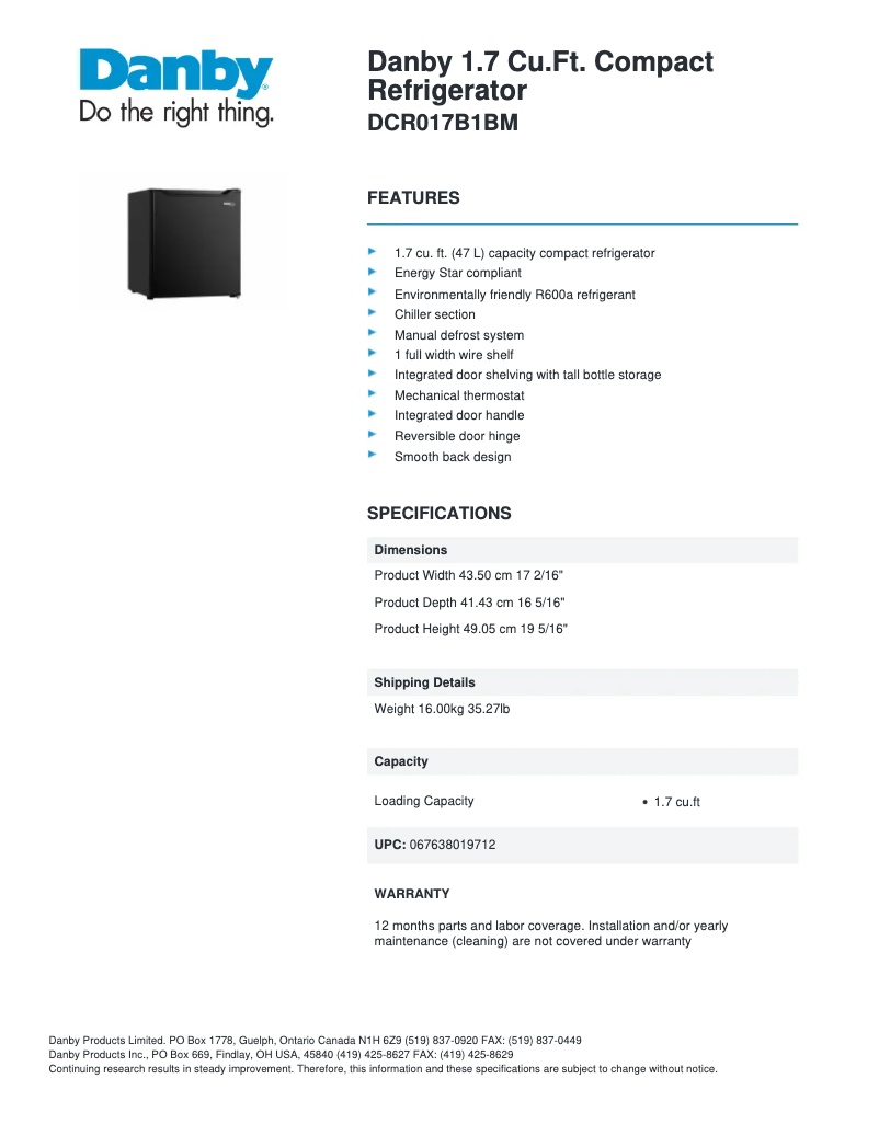 Page 1 de la notice Fiche technique Danby DCR017B1BM