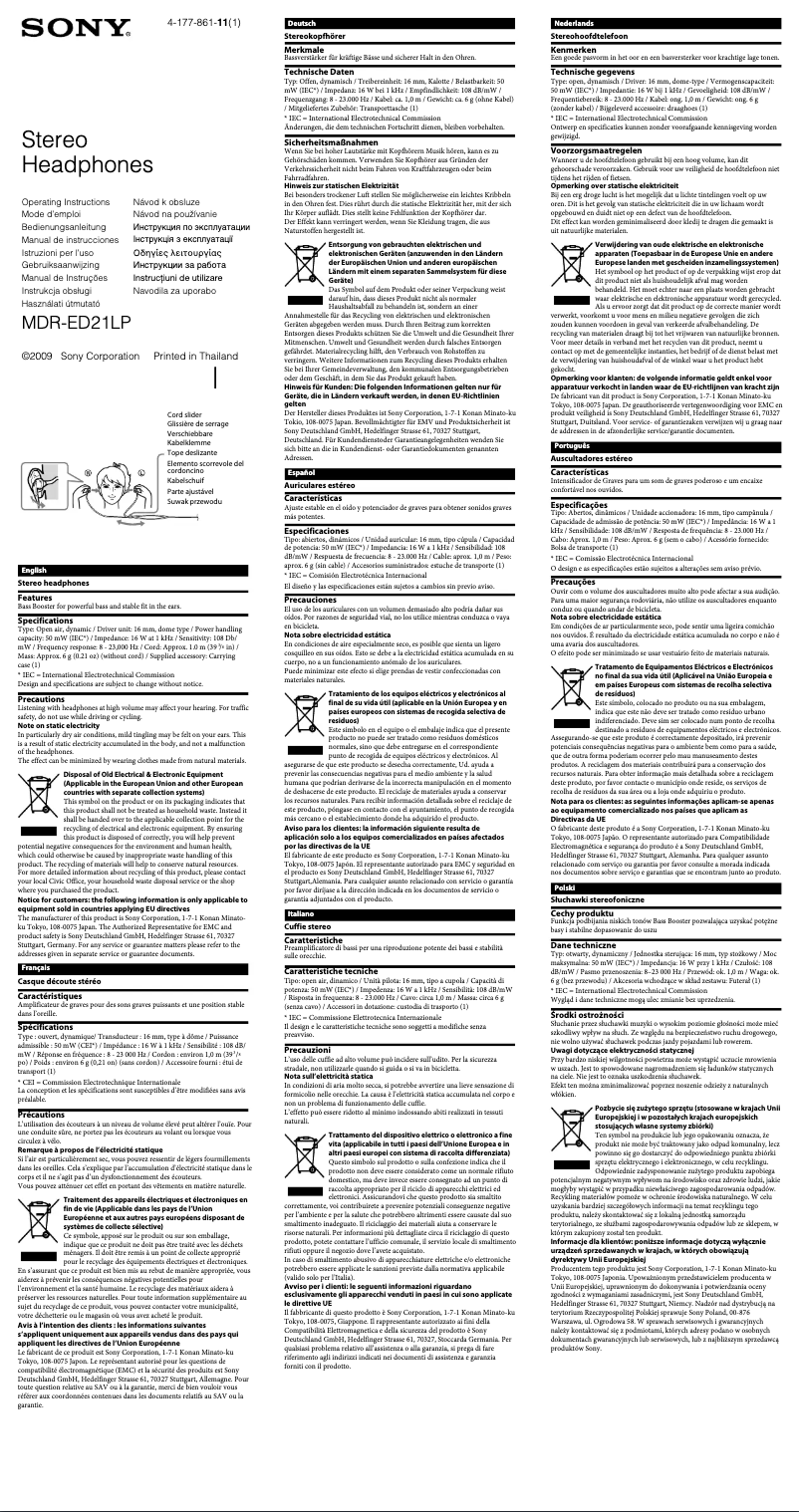 Page 1 de la notice Manuel utilisateur Sony MDR-ED21LP