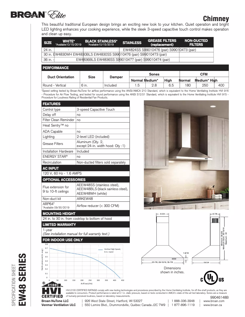 Page 1 de la notice Fiche technique Broan Elite EW48