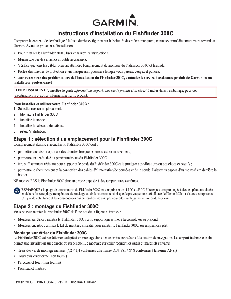 Page n°1 - Guide d'installation Garmin FishFinder 300C