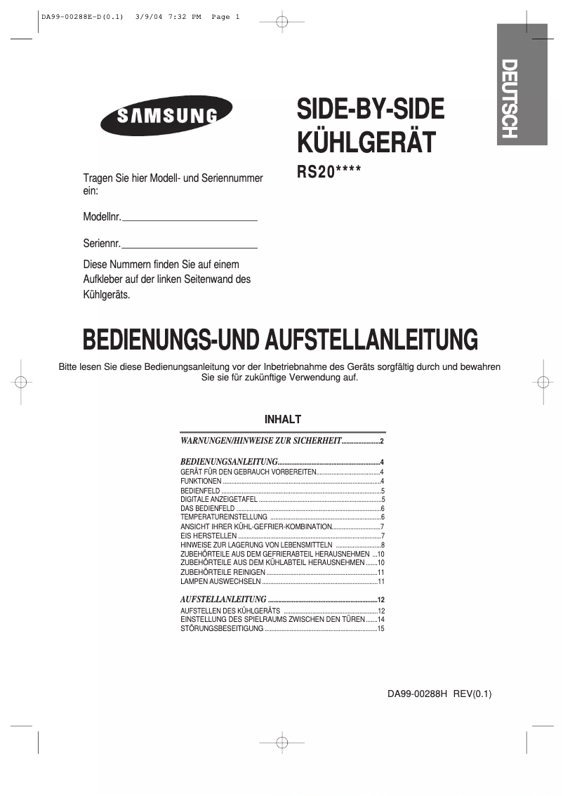 Page 1 de la notice Manuel utilisateur Samsung RS20CCSL