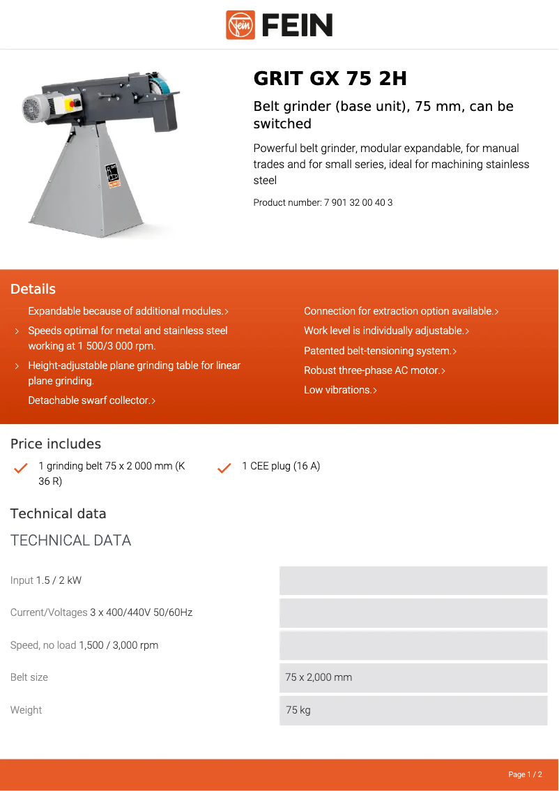 Page n°1 - Fiche technique Fein GRIT GX 75 2H