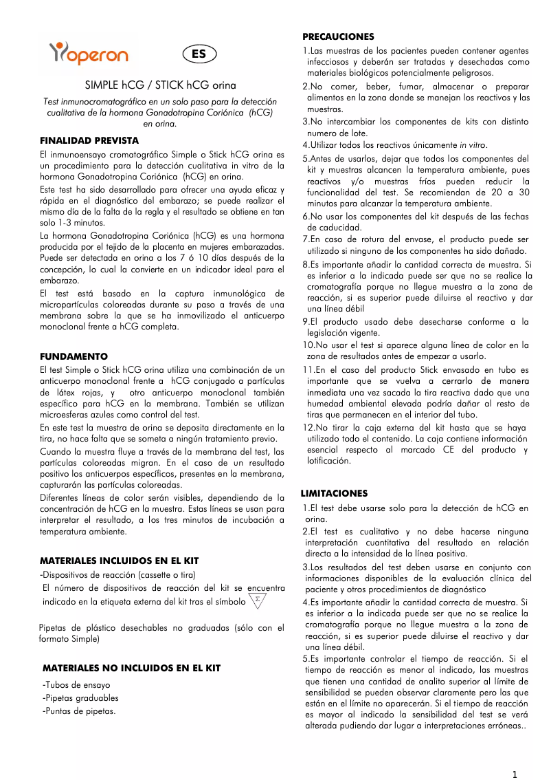 Page 1 de la notice Manuel utilisateur Operon Simple hCG