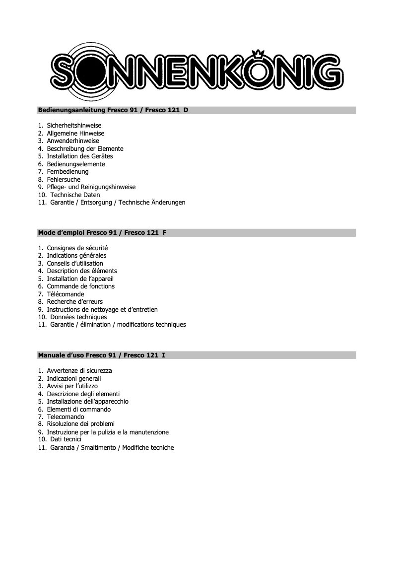 Page 1 de la notice Manuel utilisateur Sonnenkönig Fresco 91