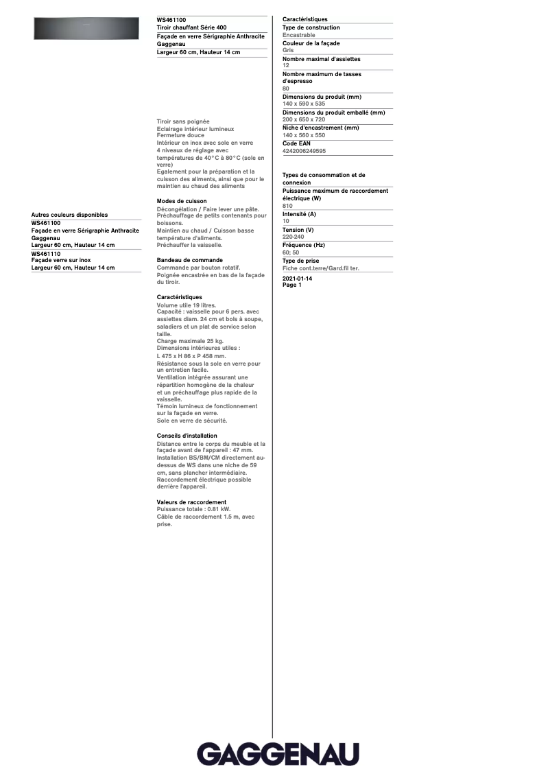 Page n°1 - Fiche technique Gaggenau WS461100