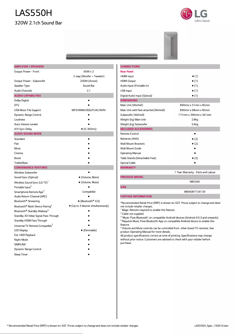 Page 1 de la notice Fiche technique LG LAS550H