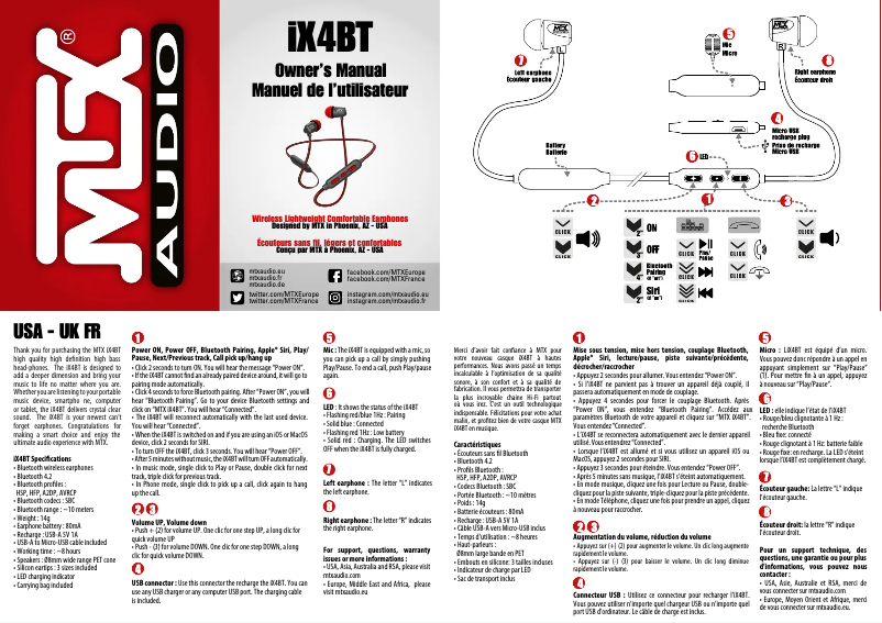 Page 1 de la notice Manuel utilisateur MTX Audio iX4BT