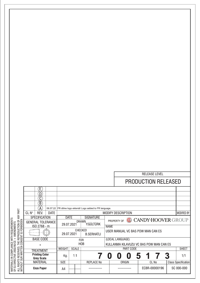 Page 1 de la notice Manuel utilisateur Candy CH63TVT