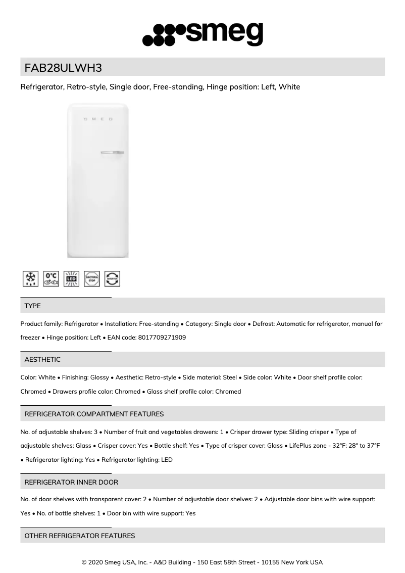 Page 1 de la notice Fiche technique Smeg FAB28ULWH3