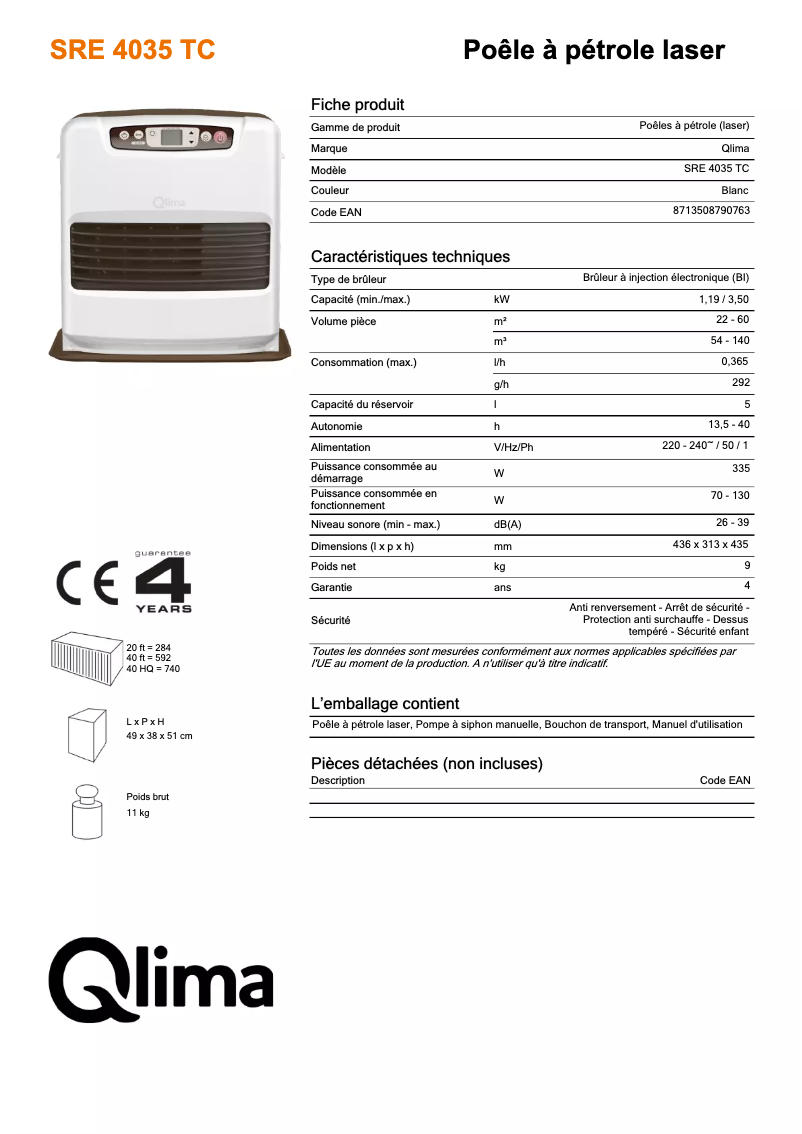 Page 1 de la notice Fiche technique Qlima SRE 4035 TC