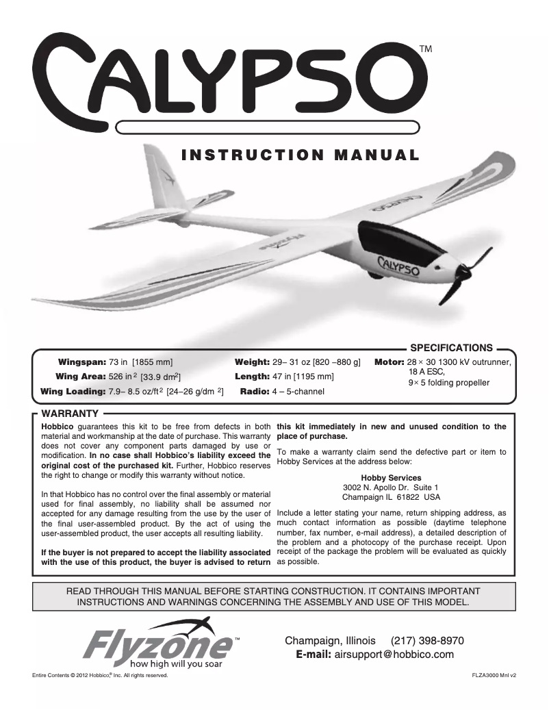Page 1 de la notice Manuel utilisateur Hobbico Flyzone Calypso Rx-R