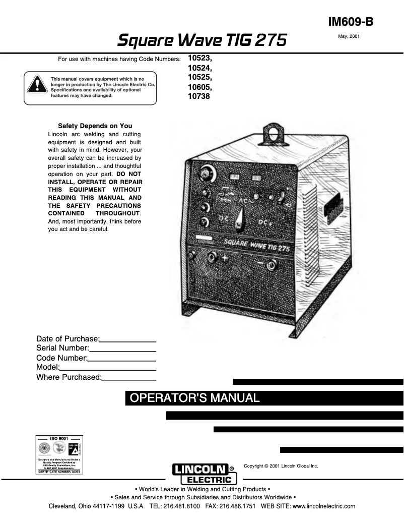 Image de la première page du manuel de l'appareil Square Wave TIG 275