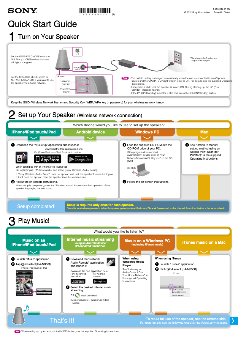 Page n°1 - Guide d'installation Sony SA-NS500