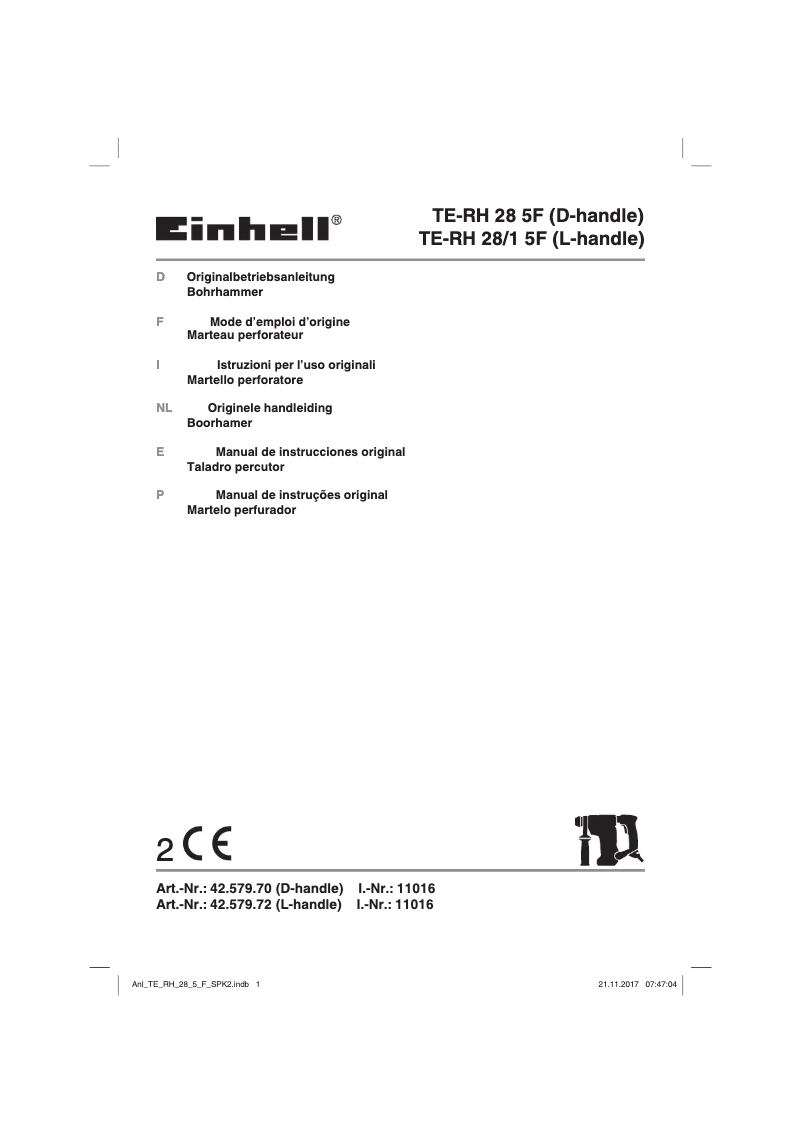 Page n°1 - Manuel utilisateur Einhell TE-RH 28/1 5F