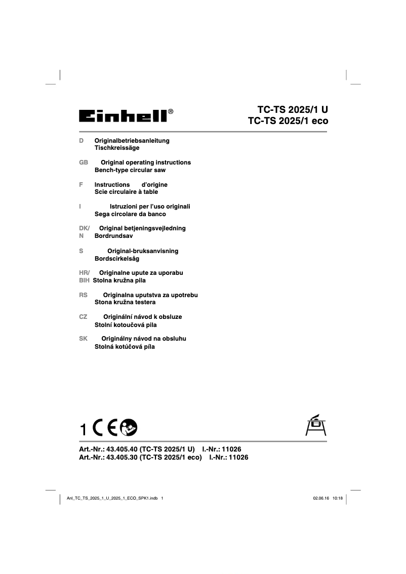 Page n°1 - Manuel utilisateur Einhell TC-TS 2025/2 eco