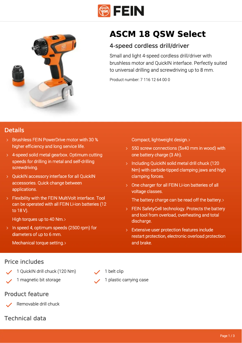 Page 1 de la notice Fiche technique Fein ASCM 18 QSW Select