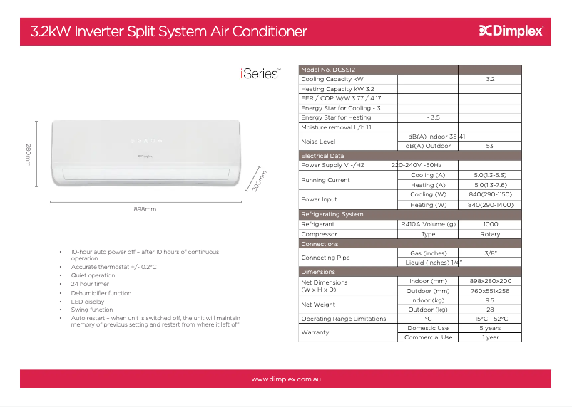 Page 1 de la notice Fiche technique Dimplex DCSS12
