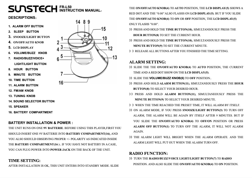 Page 1 de la notice Manuel utilisateur Sunstech FRL50