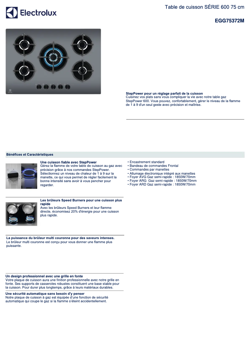 Page 1 de la notice Fiche technique Electrolux EGG75372M