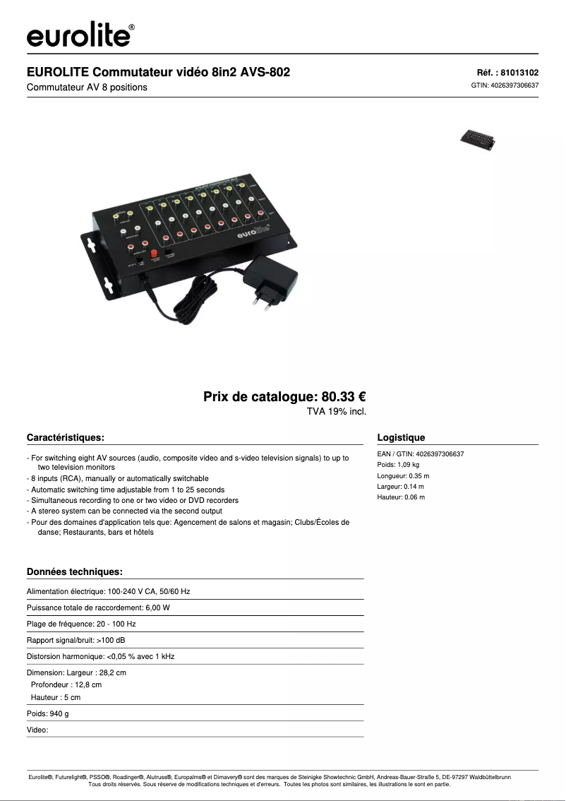 Page n°1 - Fiche technique Eurolite AVS-802