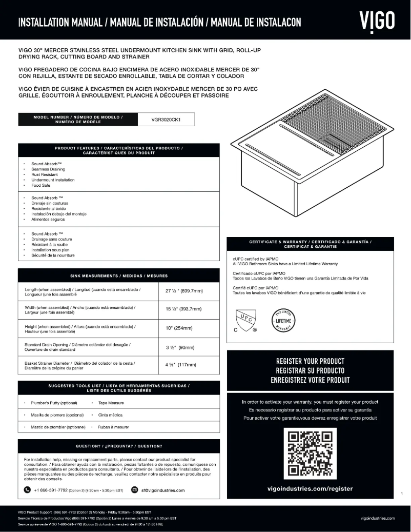 Page 1 de la notice Guide d'installation Vigo Mercer VGR3020CK1