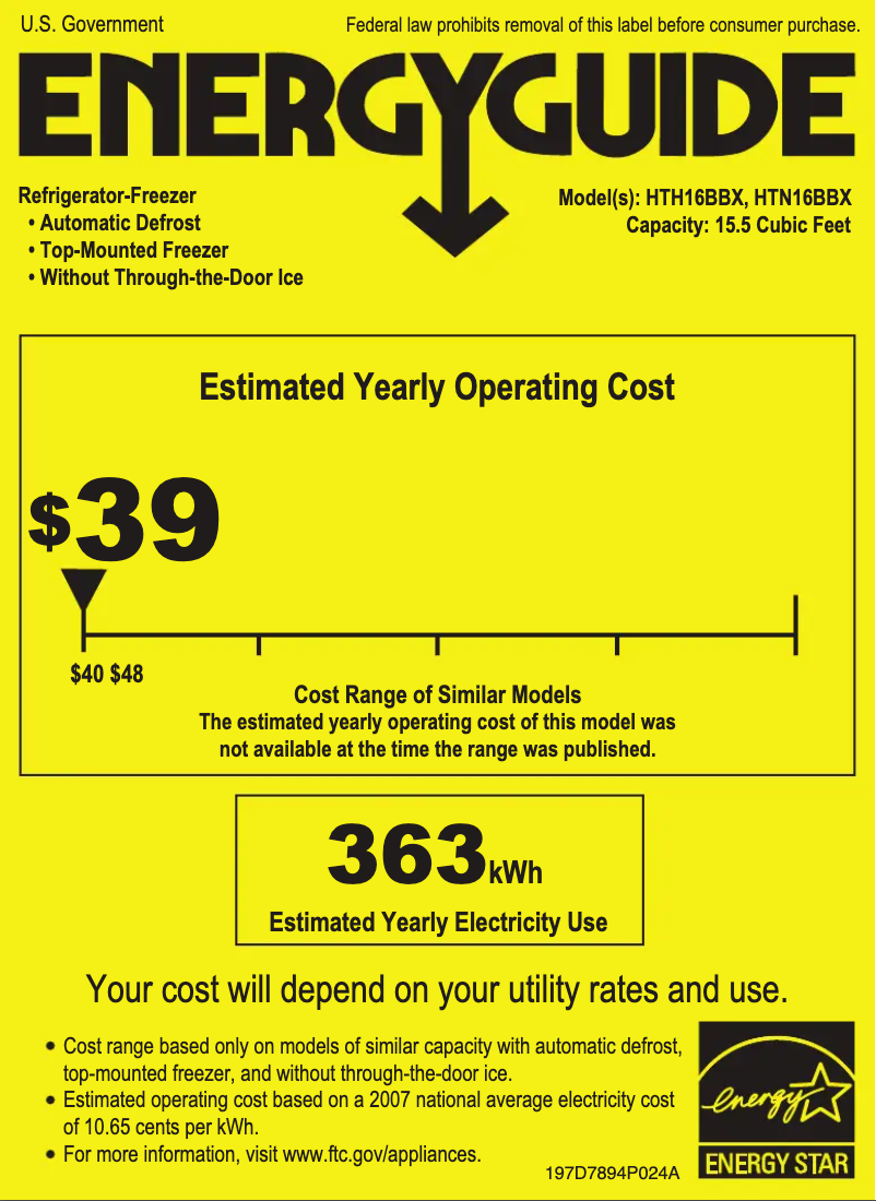 Page 1 de la notice Label énergétique Hotpoint HTH16BBXRCC
