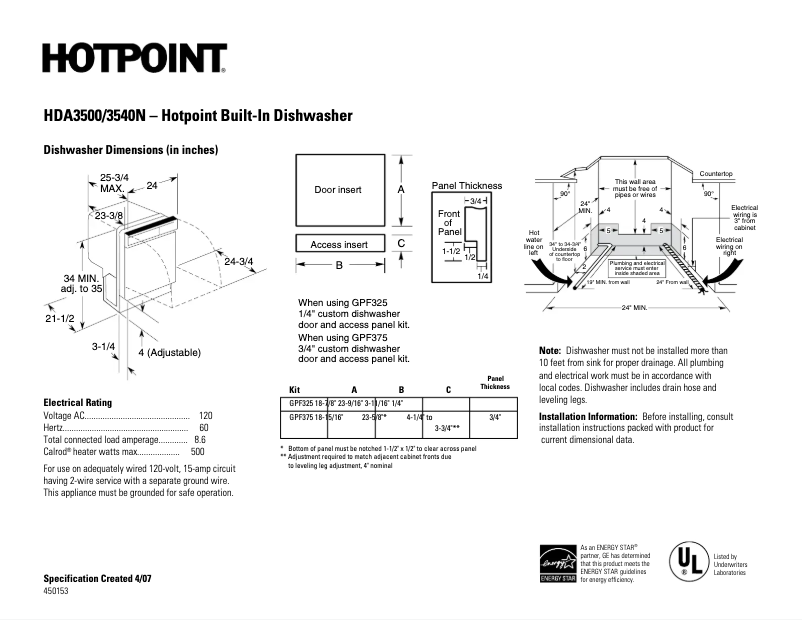 Page n°1 - Fiche technique Hotpoint HDA3500NBB
