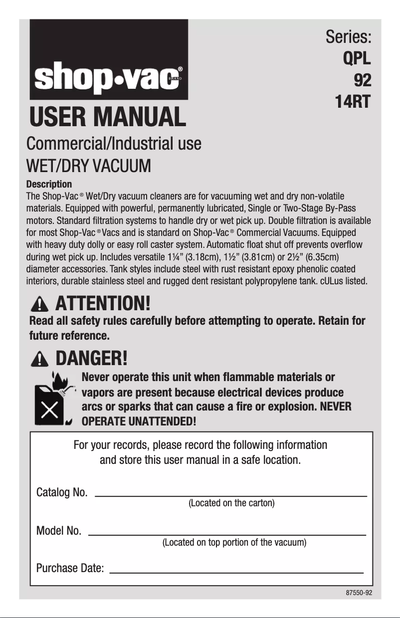 Page 1 de la notice Manuel utilisateur Shop-Vac 9625710