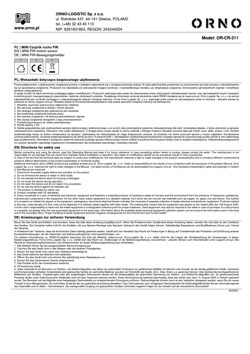 Image de la première page du manuel de l'appareil OR-CR-211