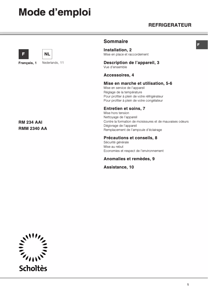 Page 1 de la notice Manuel utilisateur Scholtès RM 234 AAI
