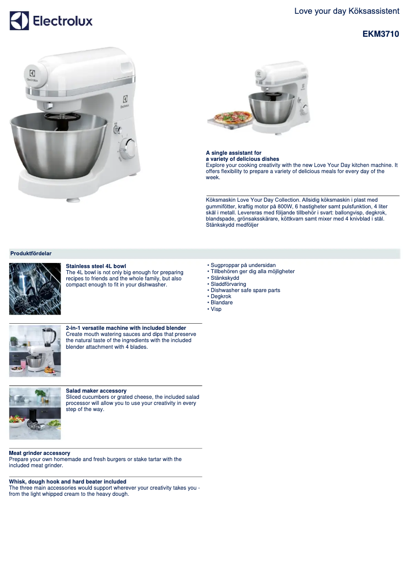 Page 1 de la notice Fiche technique Electrolux EKM3710