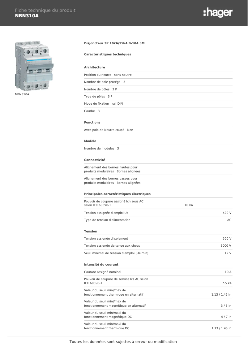 Page n°1 - Manuel utilisateur Hager NBN310A