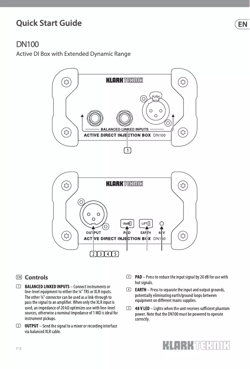 Page 1 de la notice Manuel utilisateur Klark Teknik DN100 V2