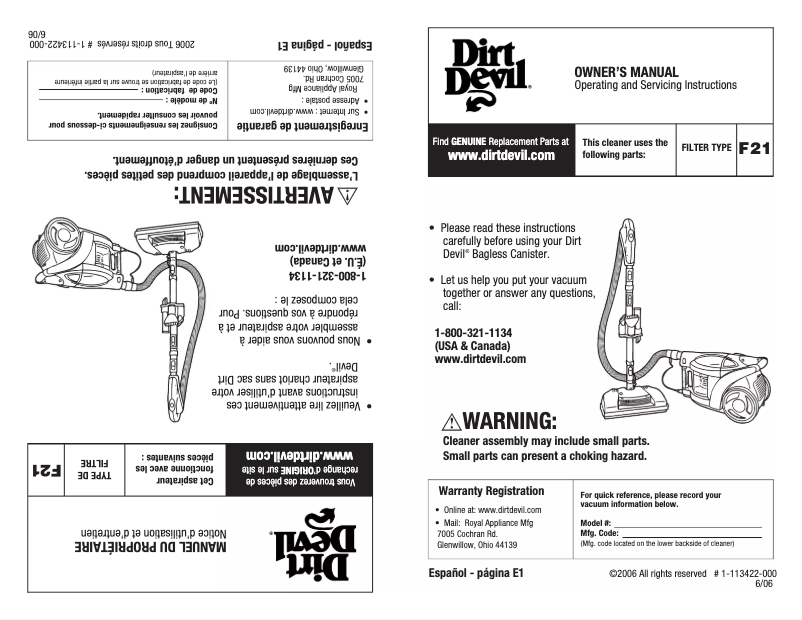 Page n°1 - Manuel d'utilisation et d'entretien Dirt Devil Vision M082750