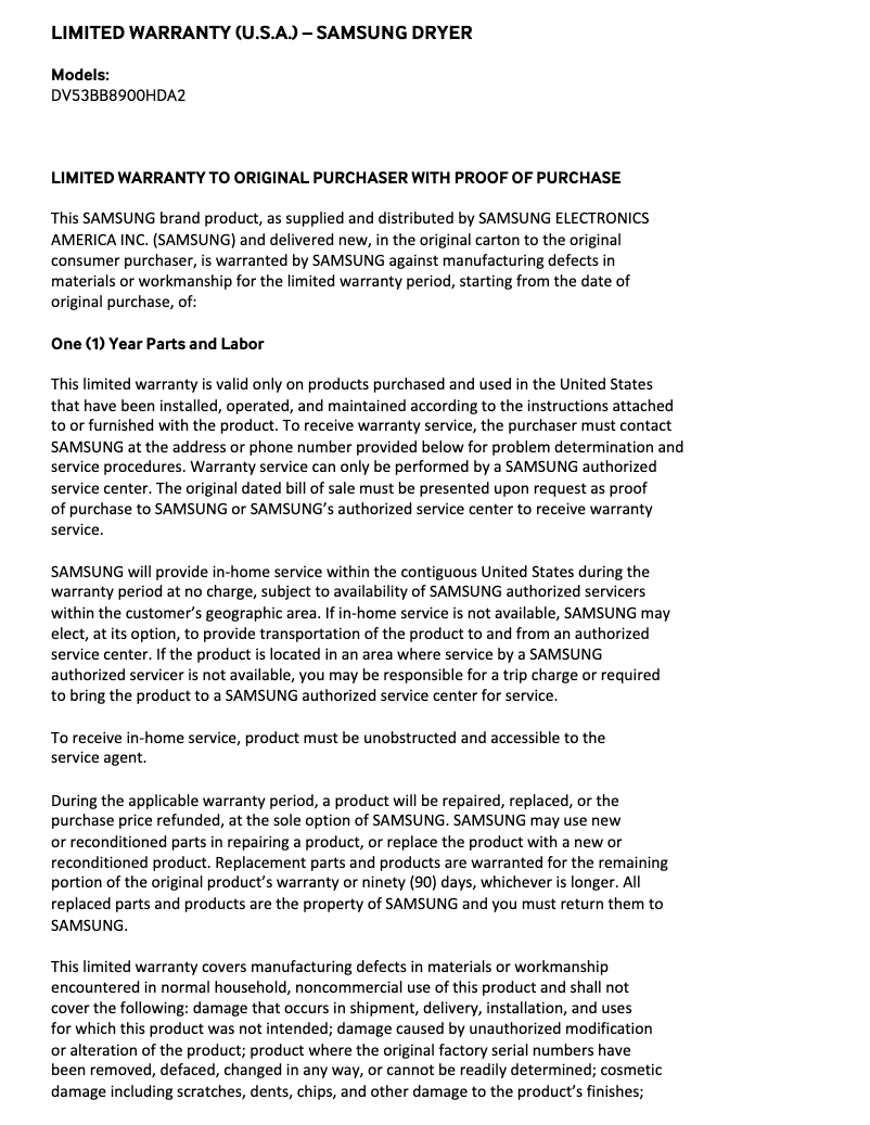 Page 1 de la notice Informations de garantie Samsung DV53BB8900HD