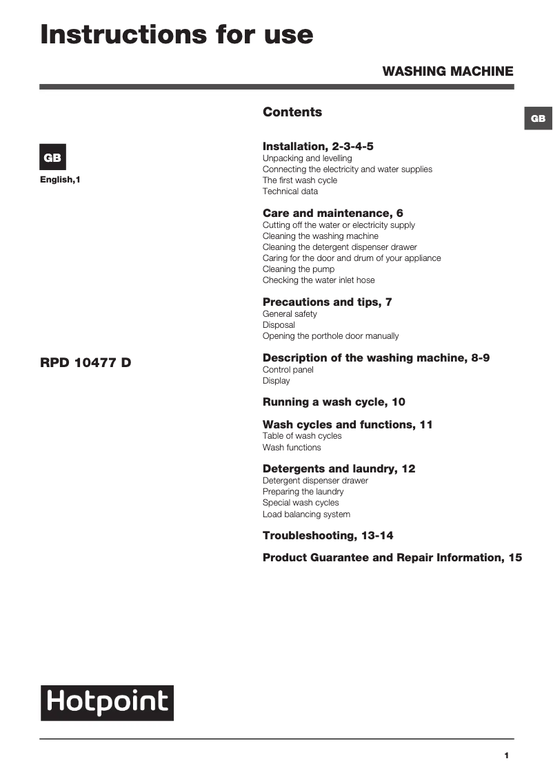 Page 1 de la notice Manuel utilisateur Hotpoint RPD 10477 DD UK/1