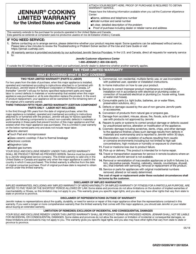 Page n°1 - Informations de garantie JennAir JVR0436HS