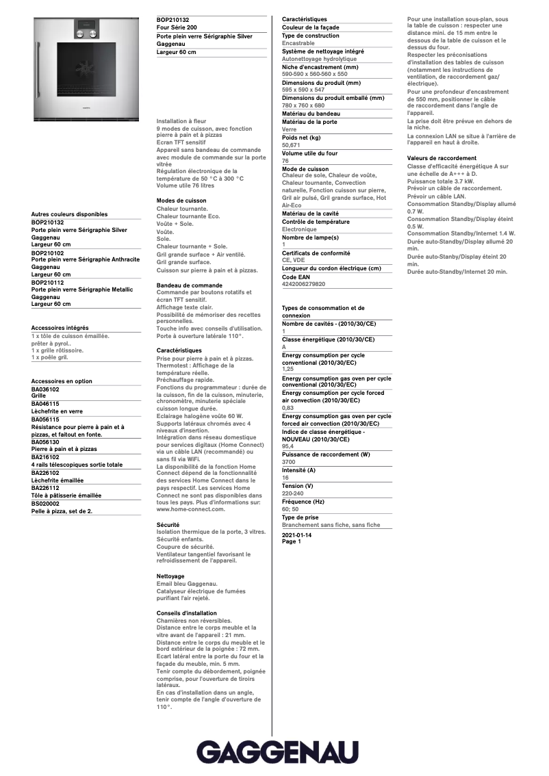 Page 1 de la notice Fiche technique Gaggenau BOP210132