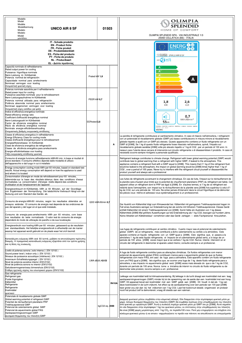 Image de la première page du manuel de l'appareil Unico AIR 8 SF