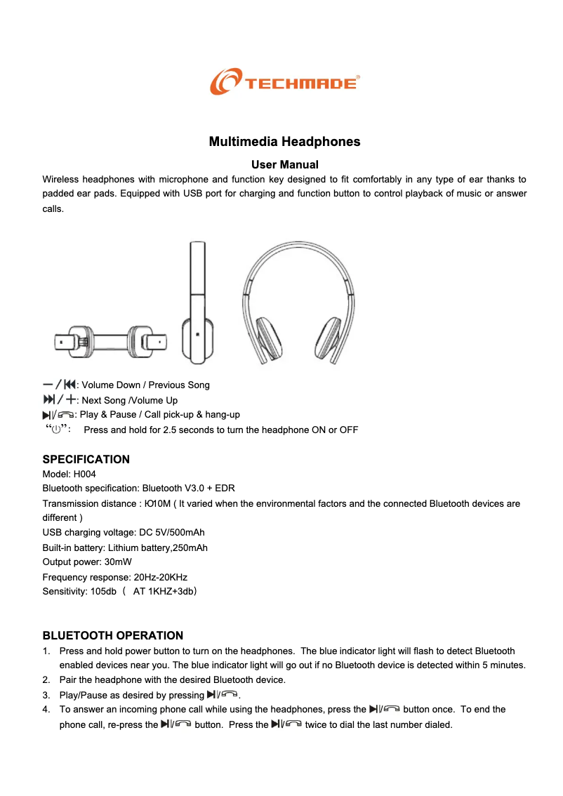 Page n°1 - Manuel utilisateur Techmade H004