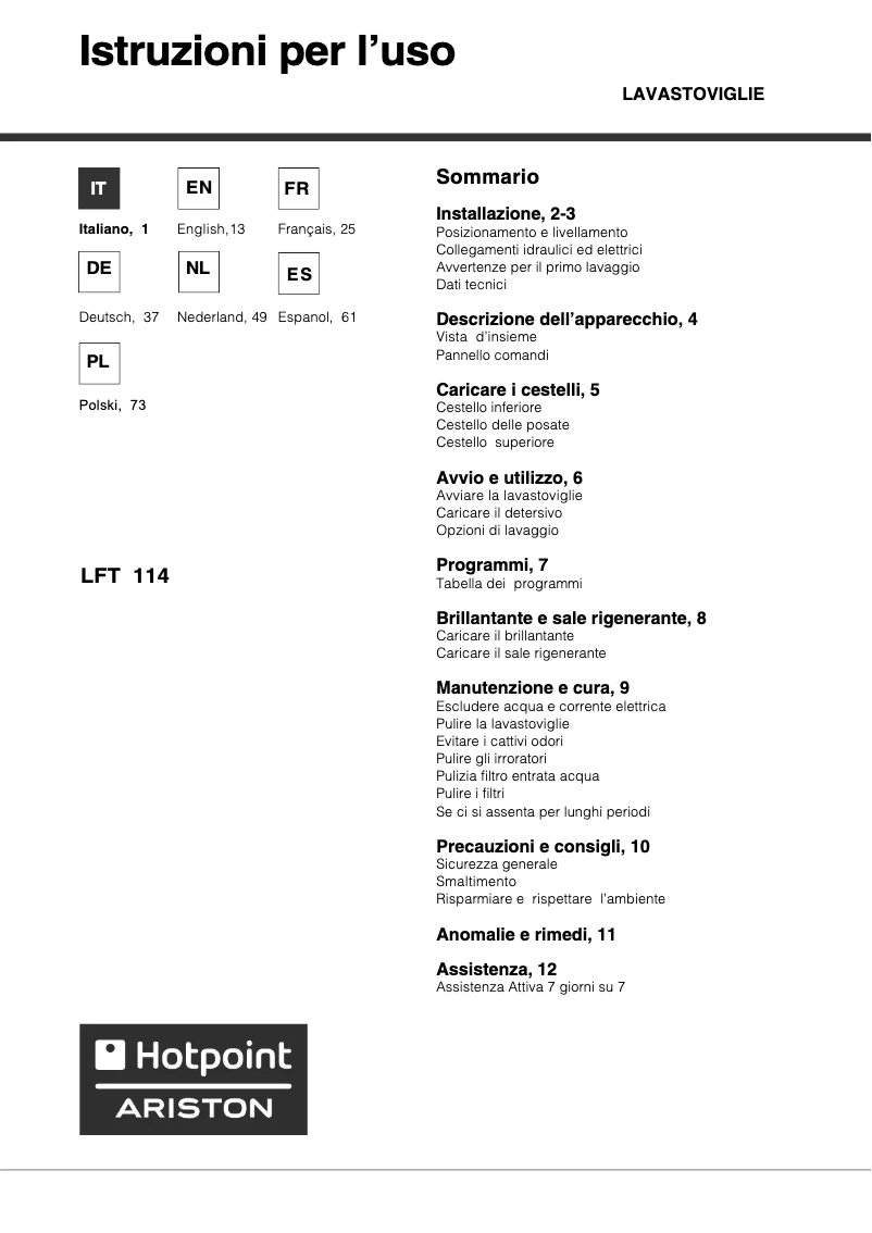 Page 1 de la notice Manuel utilisateur Hotpoint LFT 114