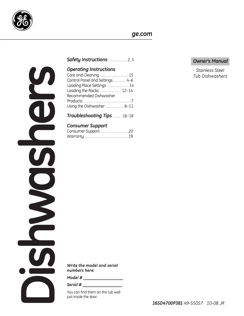 First page image of the manual for Profile PDWT510PWW