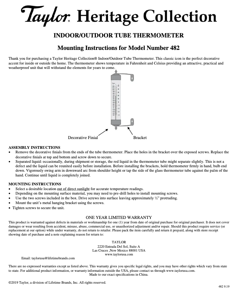 Page 1 de la notice Manuel utilisateur Taylor 482BZN