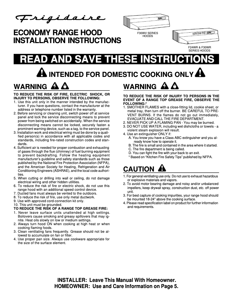 Page 1 de la notice Guide d'installation Frigidaire F30WR01EC