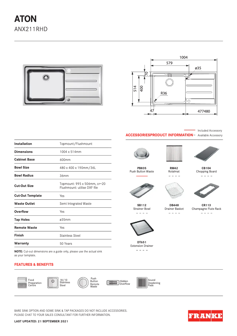 Page 1 de la notice Manuel utilisateur Franke ANX211RHD